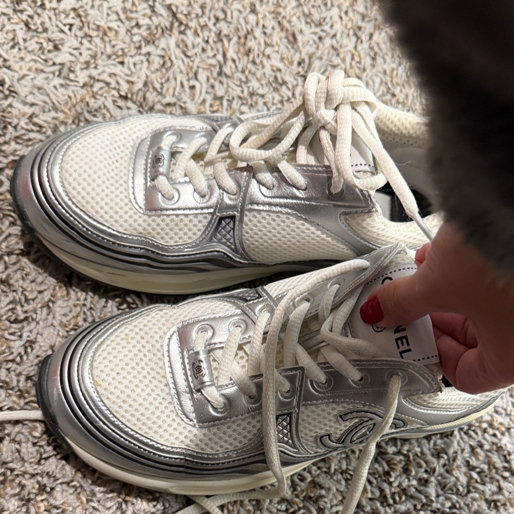 CHANEL Women's White and Silver Sneakers